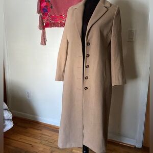 Vintage Wool Blend Long Tan Camel Coat Button Down Trench Oversized Jacket